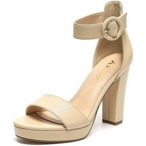 Amoji Women Pu-nude Faux Suede Open Toe High Heel Chunky Platform Sandals